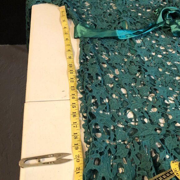 Green Lace Floor Length Dress with high collar and a teal satin sash, Size M - Picture 4 of 11